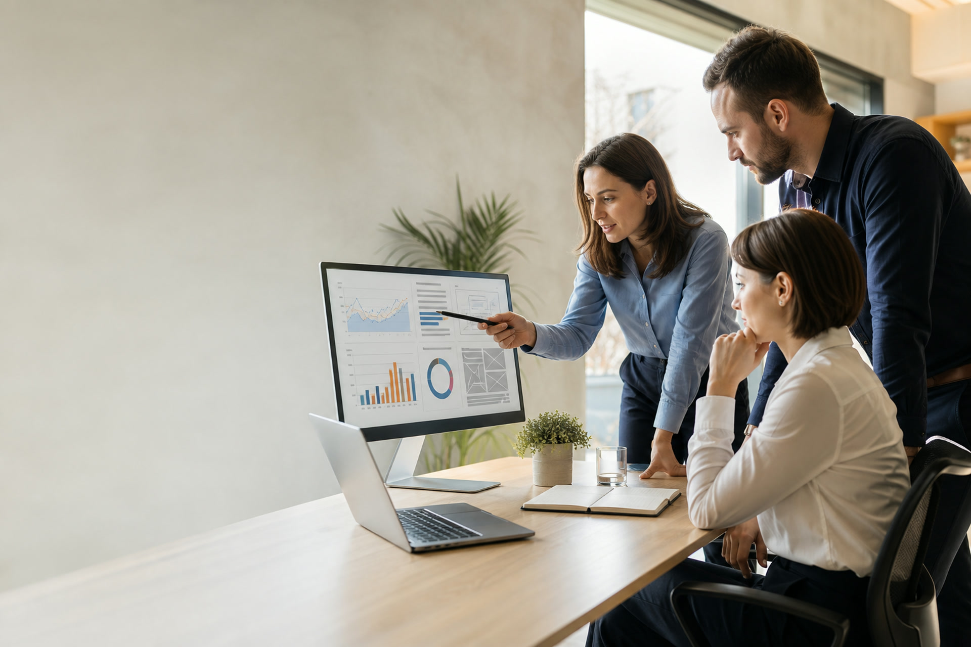 Specialisti care analizeaza structura SEO a unui site de firma